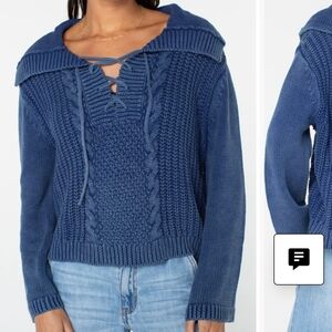 Roxy Fair Winds Blue Cotton Lace-up Relaxed Fit Long Sleeve Sweater sz M